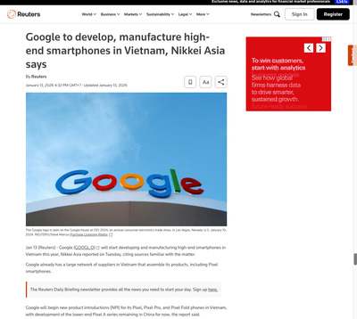 Google to develop, manufacture high-end smartphones in Vietnam, Nikkei Asia says 